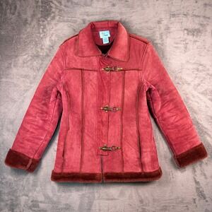 Vintage B. Lucid Suede Pig Leather Jacket Women's M Red Faux Fur Toggle Zip Coat